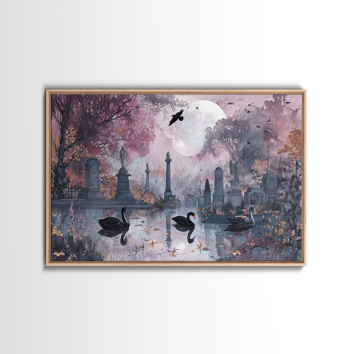 The Cemetery Swan Lake - Surreal Celestial Vision, Macabre Halloween Art, Landscape Wall Art, Framed Canvas Print, Halloween Home Decor