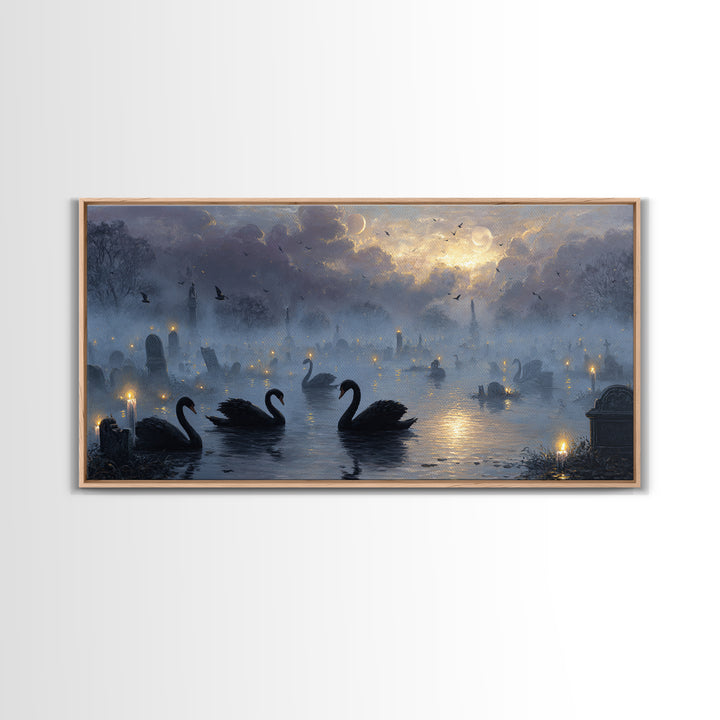 The Cemetery Swan Lake - Surreal Celestial Vision, Halloween Wall Art, Wide Panoramic Art, Framed Canvas Print, Halloween Home Decor