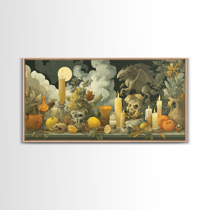 The Gargoyle Rooftop Choir - Occult Still Life, Gothic Home Decor, Wide Panoramic Art, Canvas Print, Halloween Home Decor, Gothic Wall Art