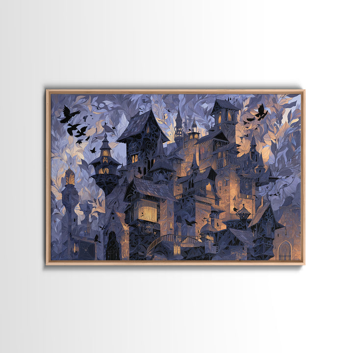 The Gargoyle Rooftop Choir - Procession Scene, Macabre Halloween Art, Landscape Wall Art, Framed Canvas Print, Halloween Home Decor