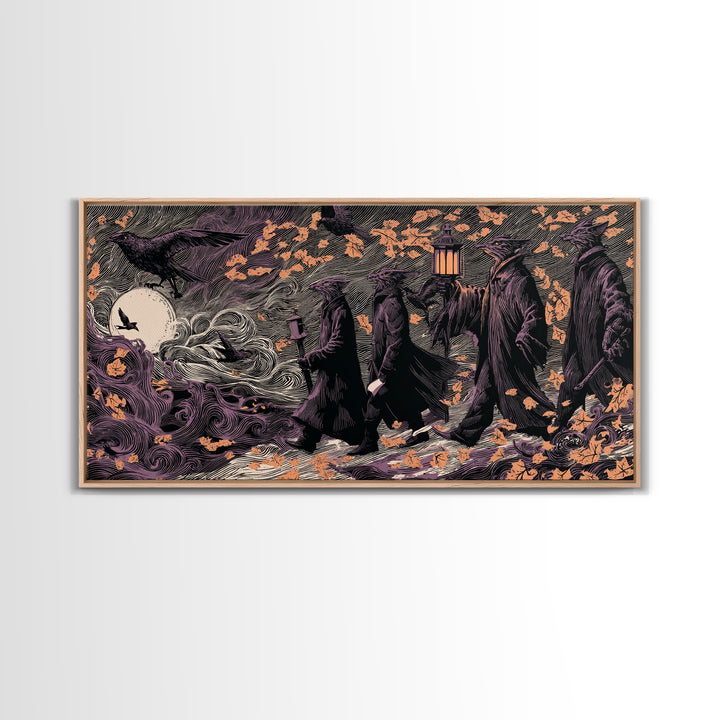 The Gargoyle Rooftop Choir - Procession Scene, Spooky Wall Decor, Wide Panoramic Art, Framed Canvas Print, Halloween Home Decor