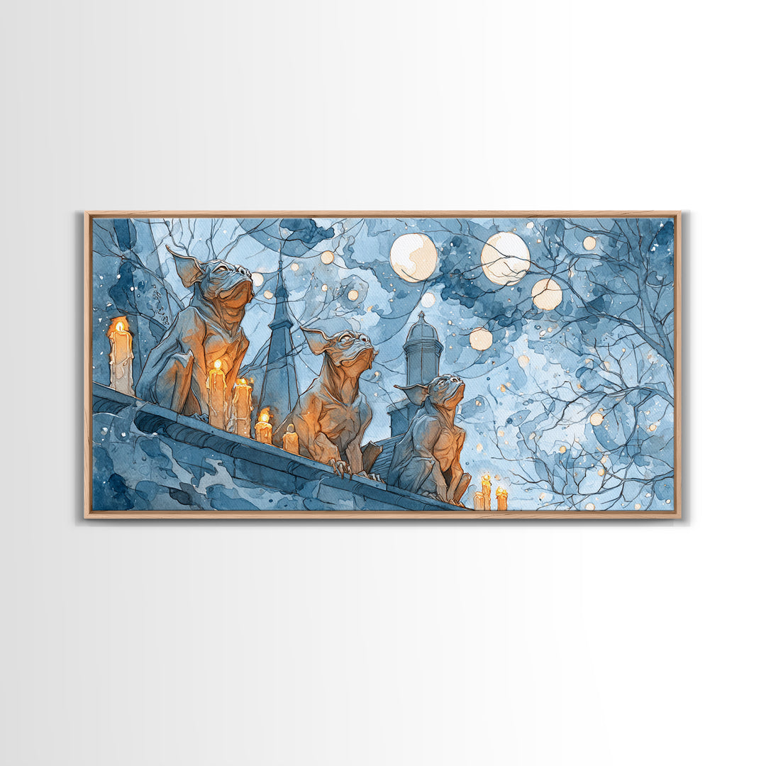 The Gargoyle Rooftop Choir - Surreal Celestial Vision, Macabre Halloween Art, Wide Panoramic Art, Framed Canvas Print, Halloween Home Decor