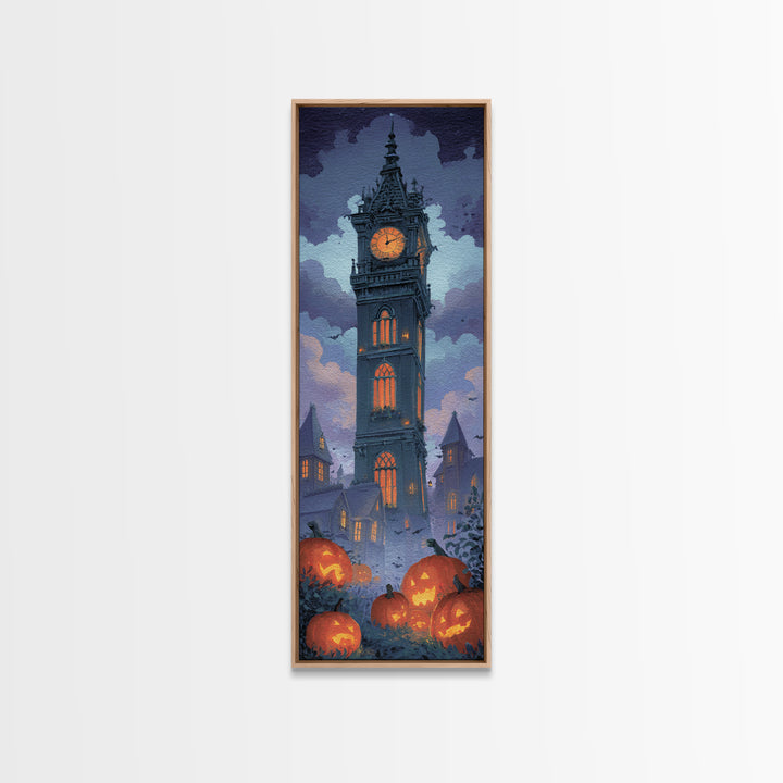 The October Clock Tower - Icon Portrait, Halloween Wall Art, Tall Narrow Wall Art, Framed Canvas Print, Halloween Home Decor