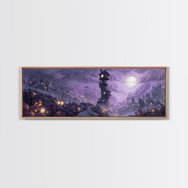 The October Clock Tower - Environmental Panorama, Spooky Wall Decor, Extra Wide Wall Art, Framed Canvas Print, Halloween Home Decor