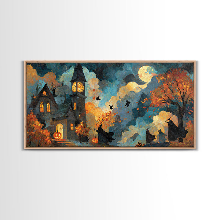 The October Clock Tower - Procession Scene, Halloween Wall Art, Wide Panoramic Art, Framed Canvas Print, Halloween Home Decor