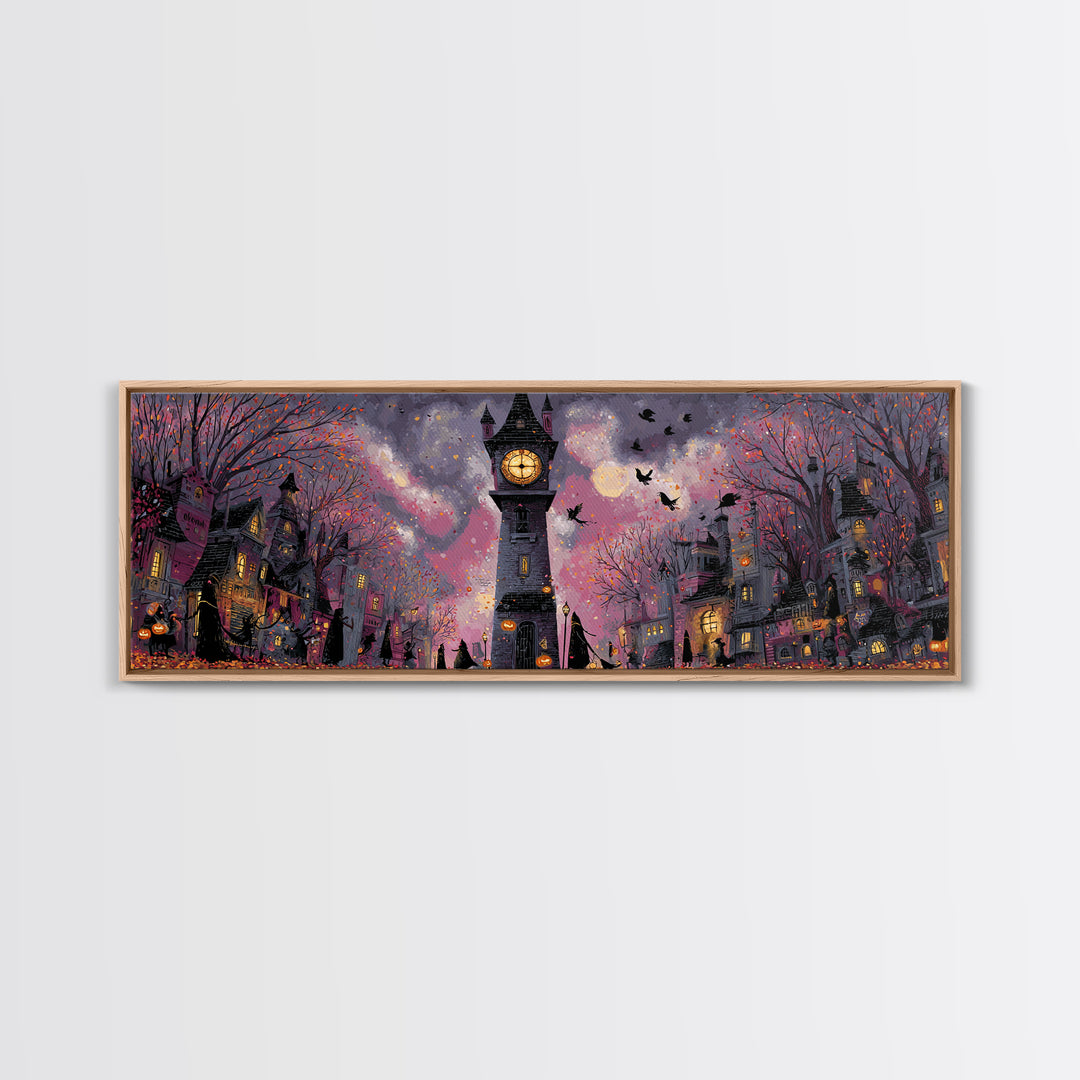 The October Clock Tower - Procession Scene, Gothic Home Decor, Extra Wide Wall Art, Canvas Print, Halloween Home Decor, Gothic Wall Art