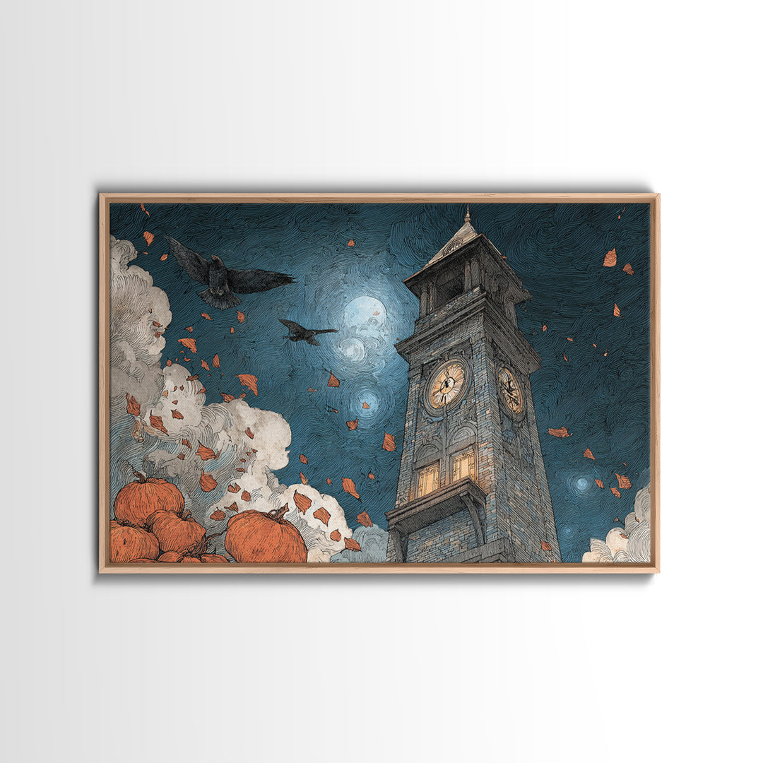 The October Clock Tower - Surreal Celestial Vision, Halloween Wall Art, Landscape Wall Art, Framed Canvas Print, Halloween Home Decor