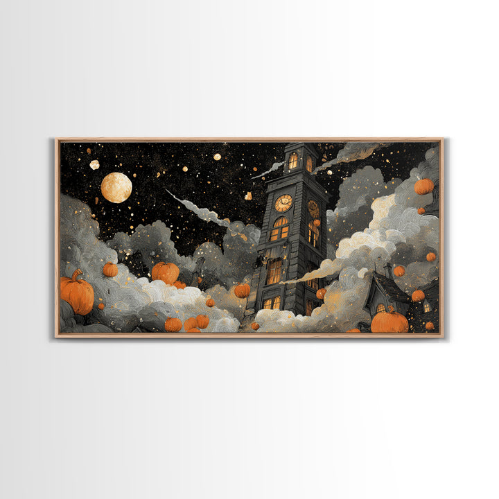The October Clock Tower - Surreal Celestial Vision, Spooky Wall Decor, Wide Panoramic Art, Framed Canvas Print, Halloween Home Decor
