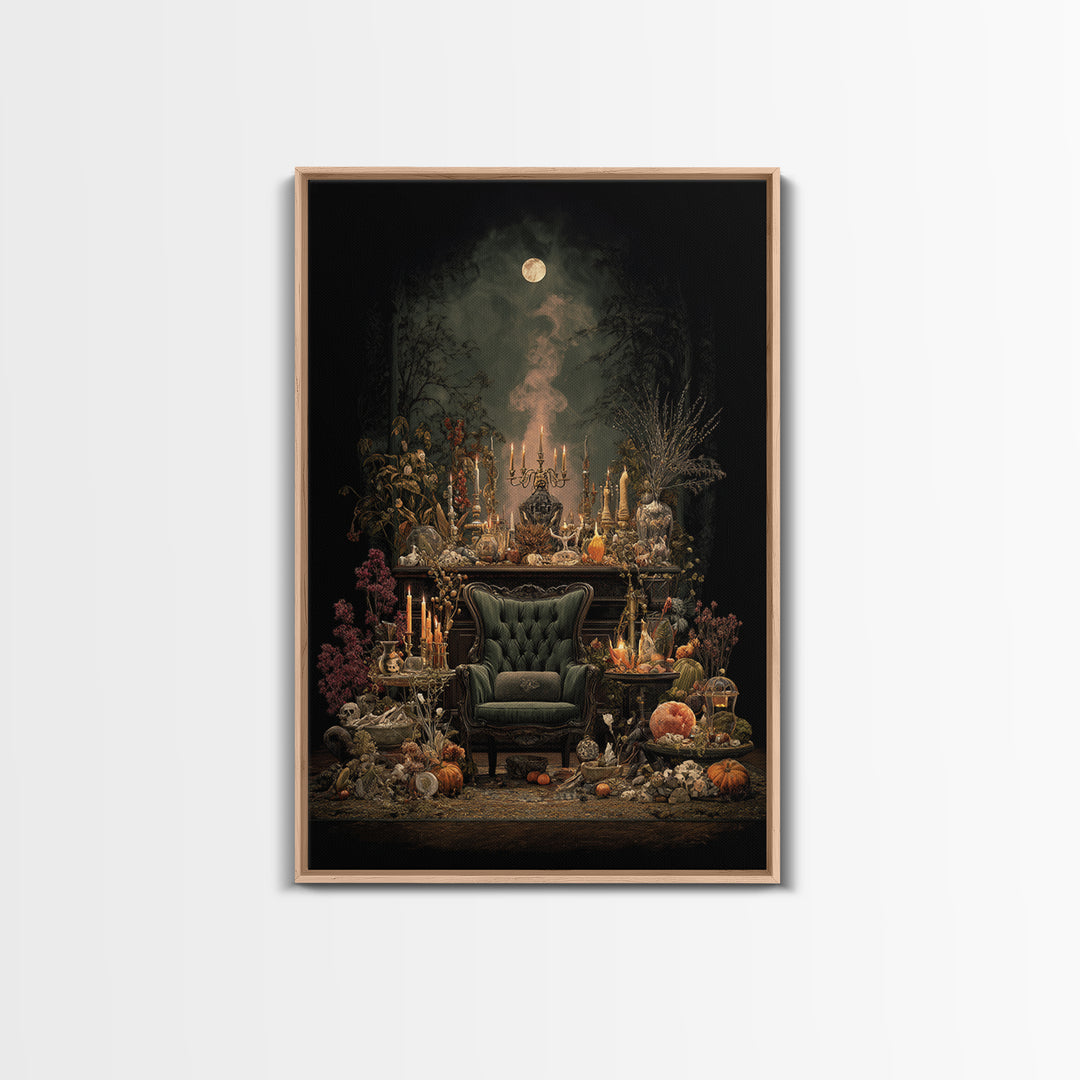 The Spider Queen Parlor - Occult Still Life, Spooky Wall Decor, Vertical Wall Art, Framed Canvas Print, Halloween Home Decor