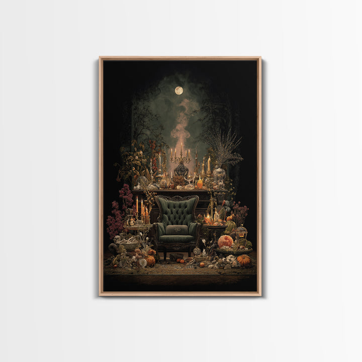 The Spider Queen Parlor - Occult Still Life, Spooky Wall Decor, Vertical Wall Art, Framed Canvas Print, Halloween Home Decor