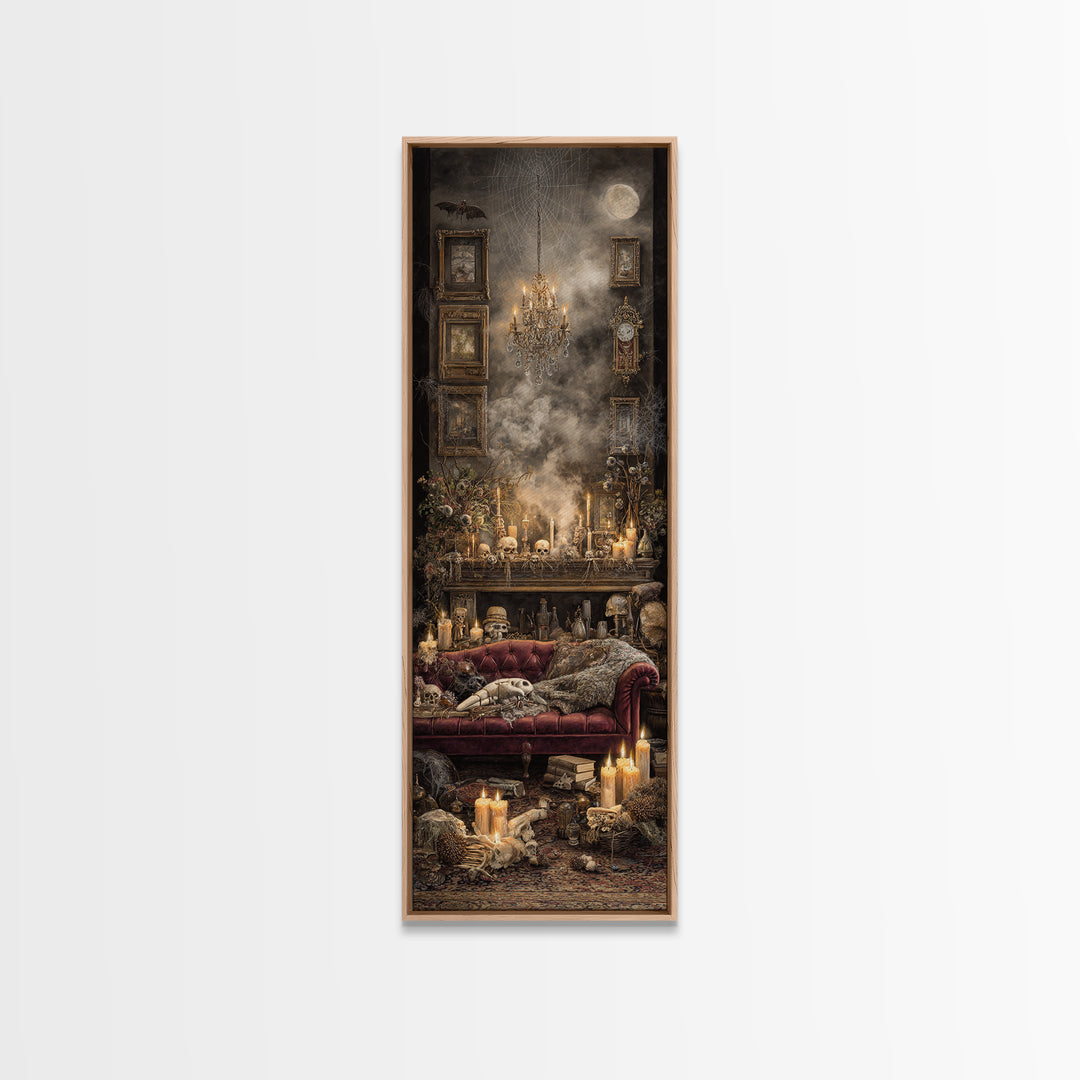 The Spider Queen Parlor - Occult Still Life, Spooky Wall Decor, Tall Narrow Wall Art, Framed Canvas Print, Halloween Home Decor