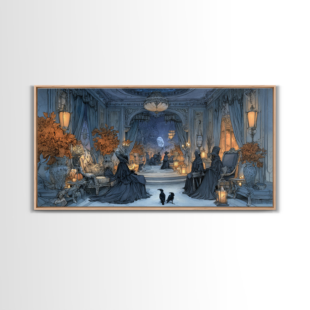 The Spider Queen Parlor - Procession Scene, Spooky Wall Decor, Wide Panoramic Art, Framed Canvas Print, Halloween Home Decor