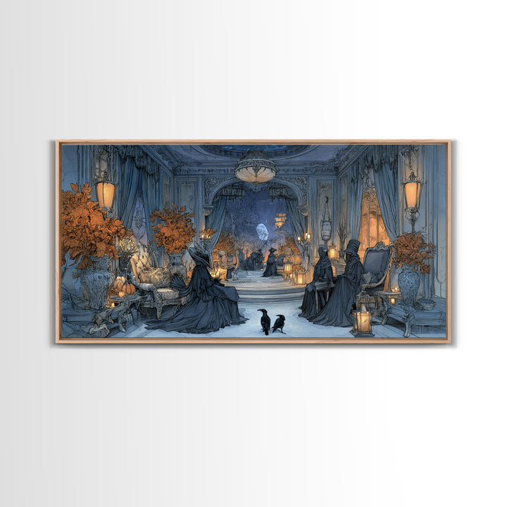 The Spider Queen Parlor - Procession Scene, Spooky Wall Decor, Wide Panoramic Art, Framed Canvas Print, Halloween Home Decor