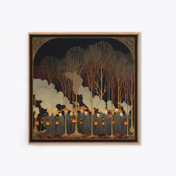 The Golden Funeral Procession - Icon Portrait, Spooky Wall Decor, Square Wall Art, Framed Canvas Print, Halloween Home Decor