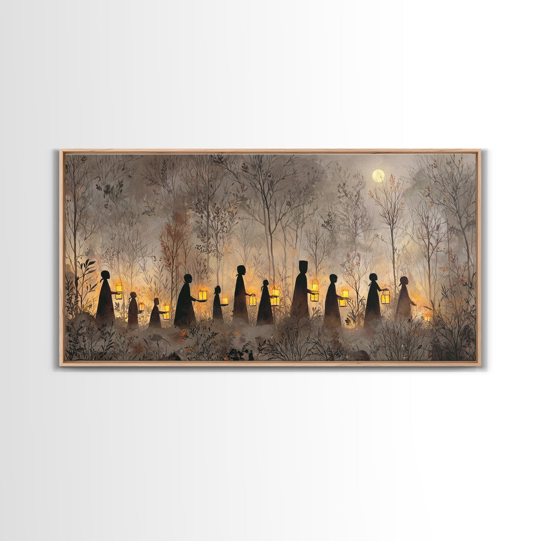 The Golden Funeral Procession - Icon Portrait, Macabre Halloween Art, Wide Panoramic Art, Framed Canvas Print, Halloween Home Decor