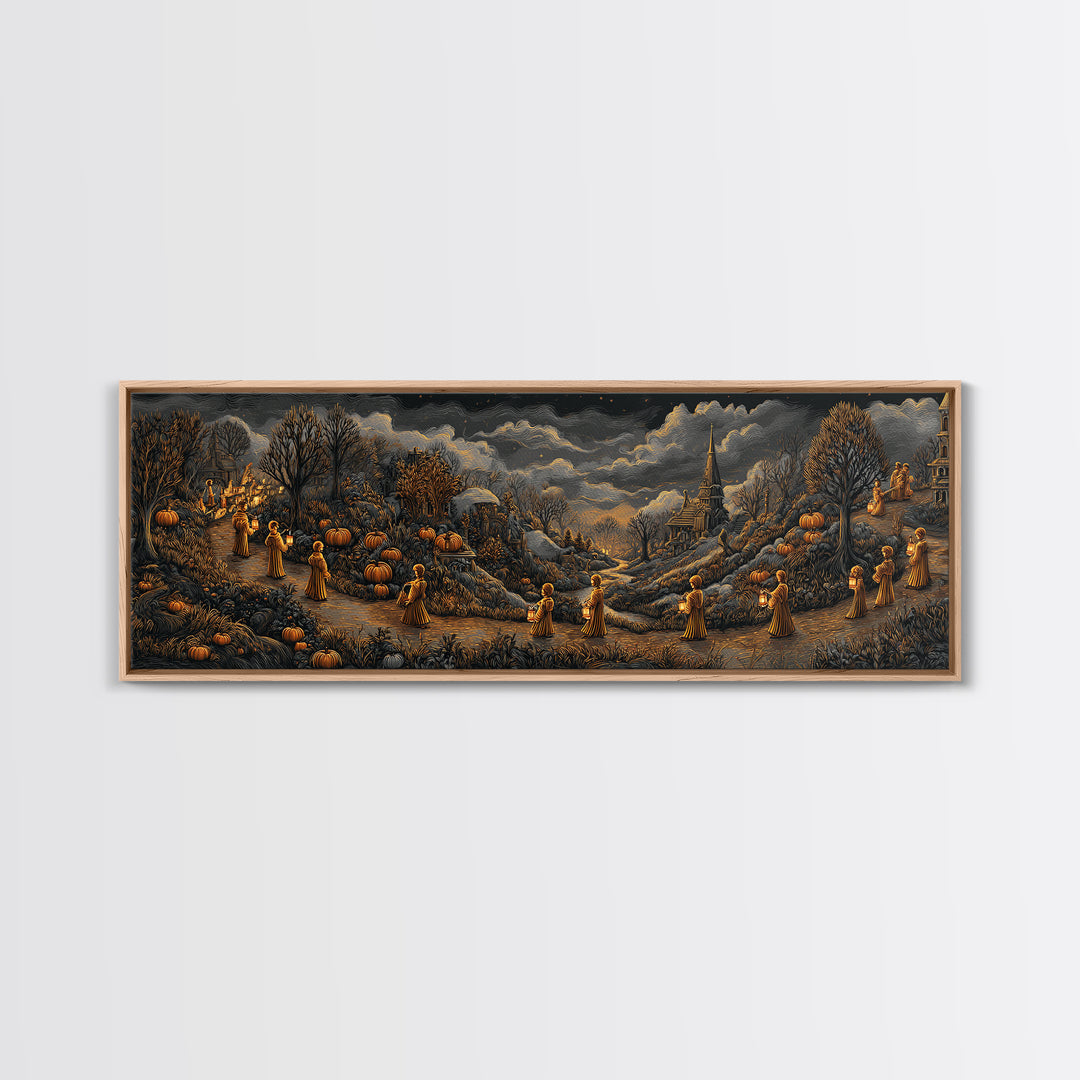 The Golden Funeral Procession - Environmental Panorama, Gothic Home Decor, Extra Wide Wall Art, Canvas Print, Halloween Home Decor