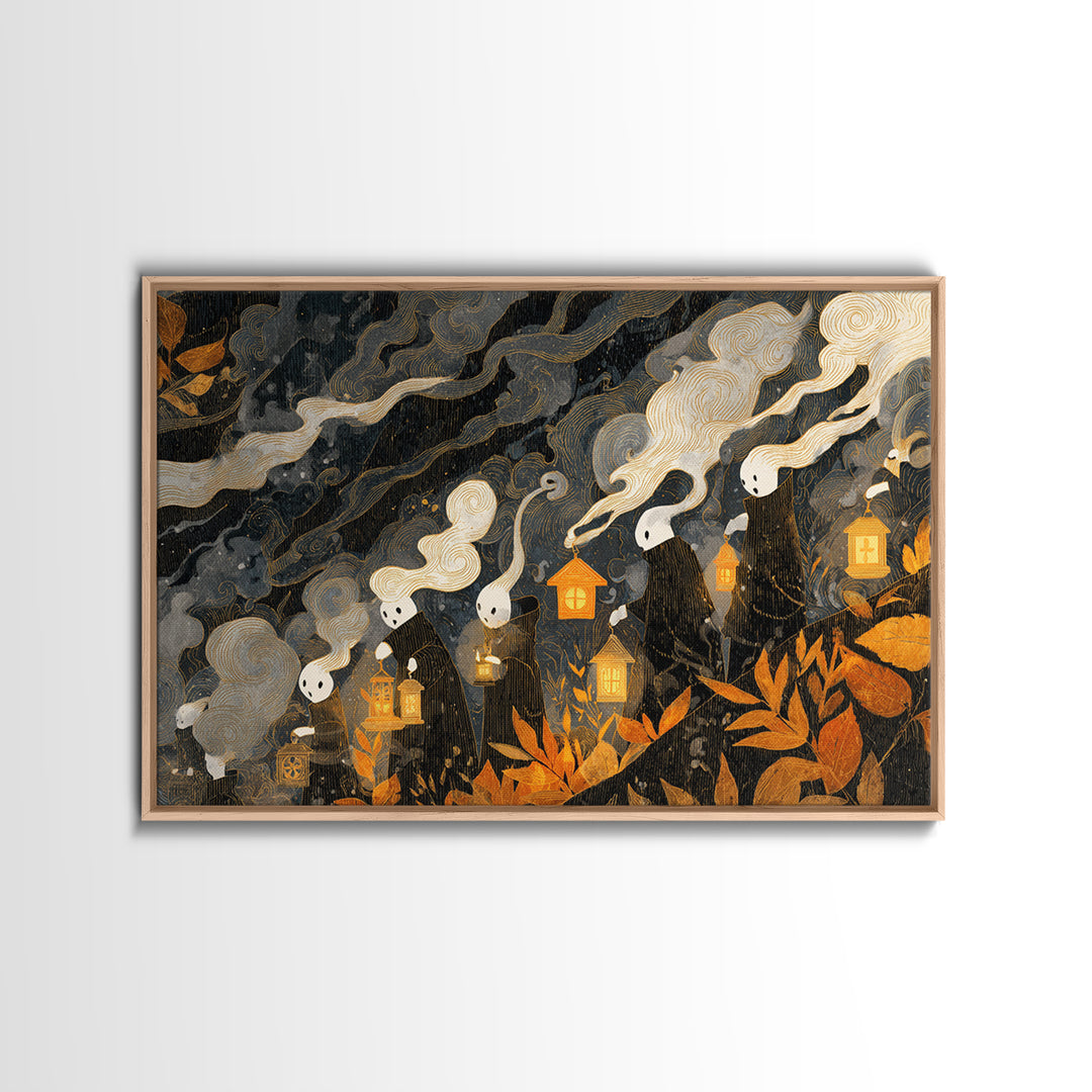 The Golden Funeral Procession - Procession Scene, Spooky Wall Decor, Landscape Wall Art, Framed Canvas Print, Halloween Home Decor