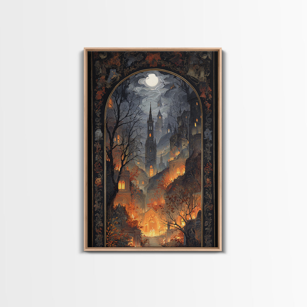 The Monster In The Mirror Cabinet - Environmental Panorama, Macabre Halloween Art, Vertical Wall Art, Framed Canvas Print, Gothic Wall Art