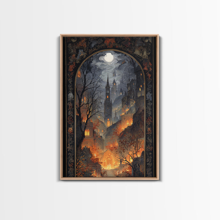 The Monster In The Mirror Cabinet - Environmental Panorama, Macabre Halloween Art, Vertical Wall Art, Framed Canvas Print, Gothic Wall Art
