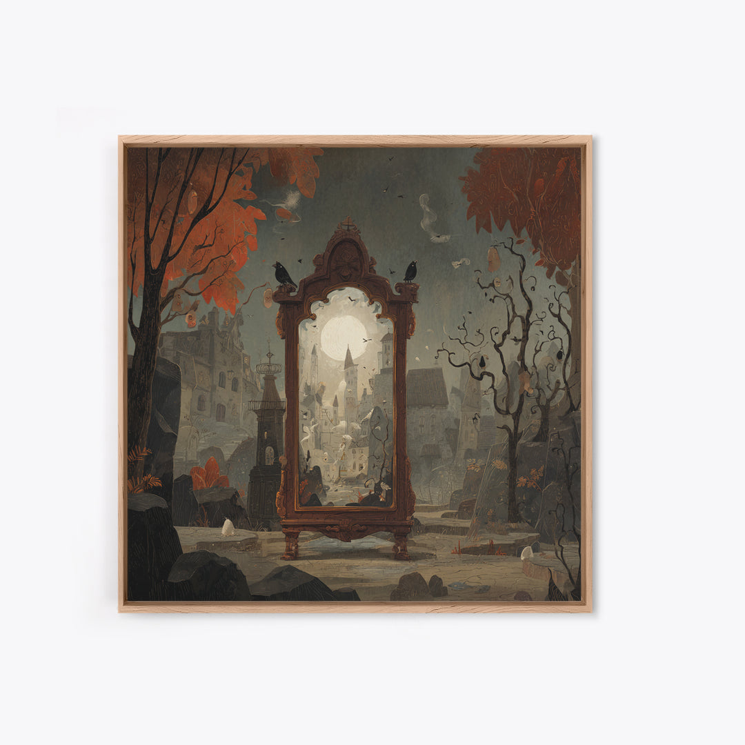 The Monster In The Mirror Cabinet - Environmental Panorama, Halloween Wall Art, Square Wall Art, Framed Canvas Print, Halloween Home Decor