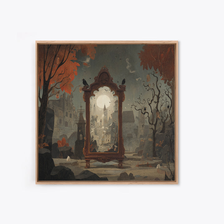 The Monster In The Mirror Cabinet - Environmental Panorama, Halloween Wall Art, Square Wall Art, Framed Canvas Print, Halloween Home Decor