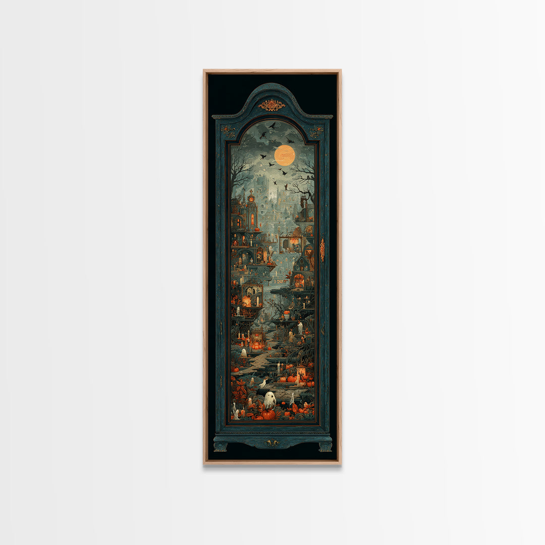The Monster In The Mirror Cabinet - Environmental Panorama, Halloween Wall Art, Tall Narrow Wall Art, Framed Canvas Print, Gothic Wall Art