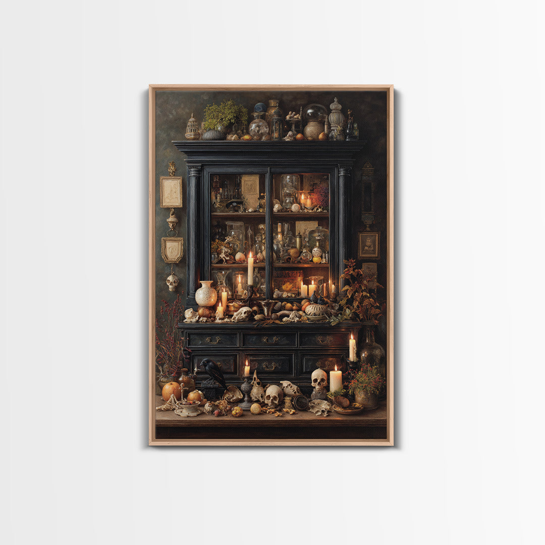 The Monster In The Mirror Cabinet - Occult Still Life, Macabre Halloween Art, Vertical Wall Art, Framed Canvas Print, Halloween Home Decor