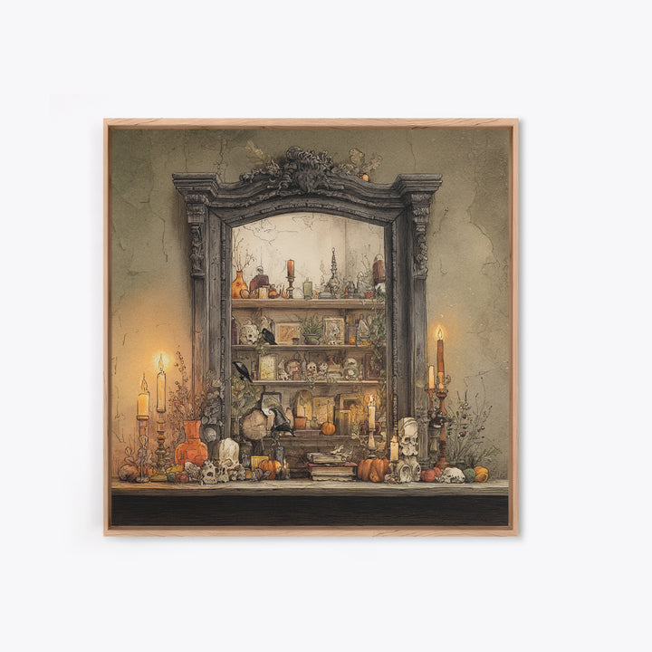 The Monster In The Mirror Cabinet - Occult Still Life, Dark Fantasy Wall Art, Square Wall Art, Canvas Print, Halloween Home Decor