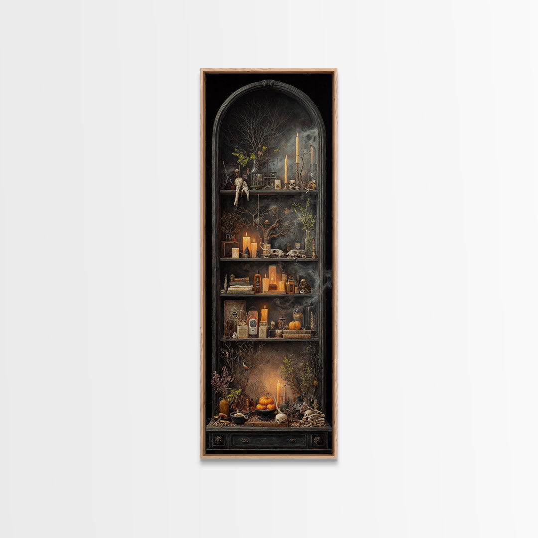 The Monster In The Mirror Cabinet - Occult Still Life, Dark Fantasy Wall Art, Tall Narrow Wall Art, Canvas Print, Halloween Home Decor