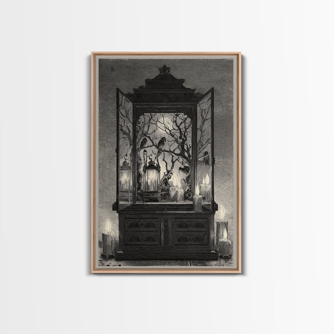 The Monster In The Mirror Cabinet - Procession Scene, Macabre Halloween Art, Vertical Wall Art, Framed Canvas Print, Halloween Home Decor