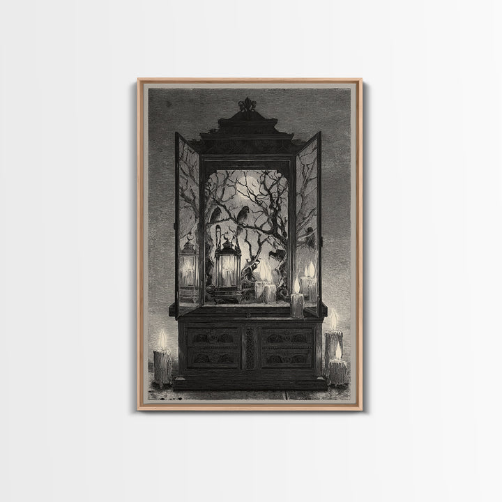 The Monster In The Mirror Cabinet - Procession Scene, Macabre Halloween Art, Vertical Wall Art, Framed Canvas Print, Halloween Home Decor