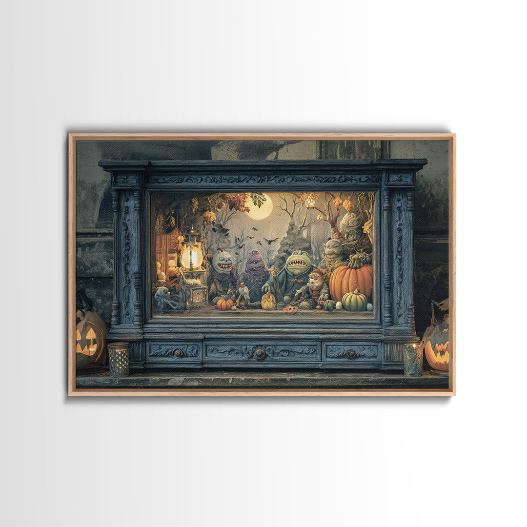 The Monster In The Mirror Cabinet - Procession Scene, Macabre Halloween Art, Landscape Wall Art, Framed Canvas Print, Halloween Home Decor