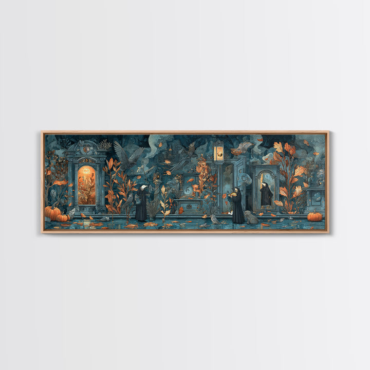 The Monster In The Mirror Cabinet - Procession Scene, Occult Wall Decor, Extra Wide Wall Art, Canvas Print, Halloween Home Decor