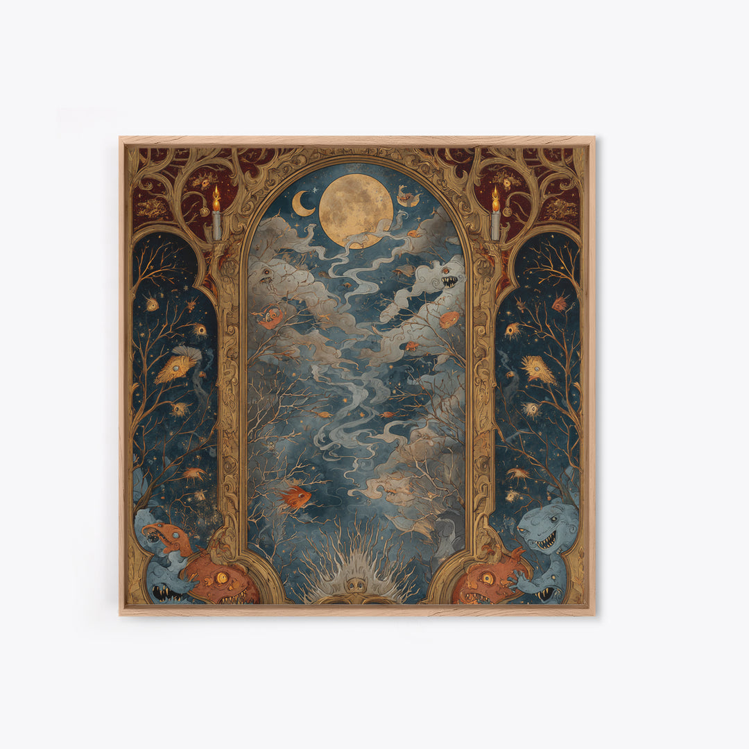 The Monster In The Mirror Cabinet - Surreal Celestial Vision, Macabre Halloween Art, Square Wall Art, Framed Canvas Print, Gothic Wall Art