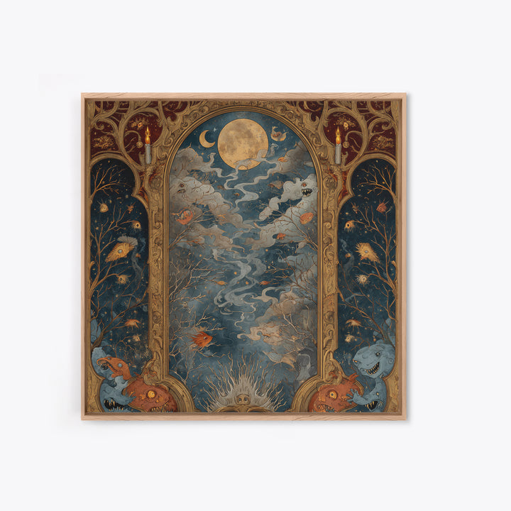 The Monster In The Mirror Cabinet - Surreal Celestial Vision, Macabre Halloween Art, Square Wall Art, Framed Canvas Print, Gothic Wall Art