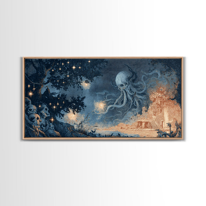 The Bellringer Of The Sunken Cathedral, Spooky Wall Decor, Wide Panoramic Art, Framed Canvas Print, Halloween Home Decor, Gothic Wall Art