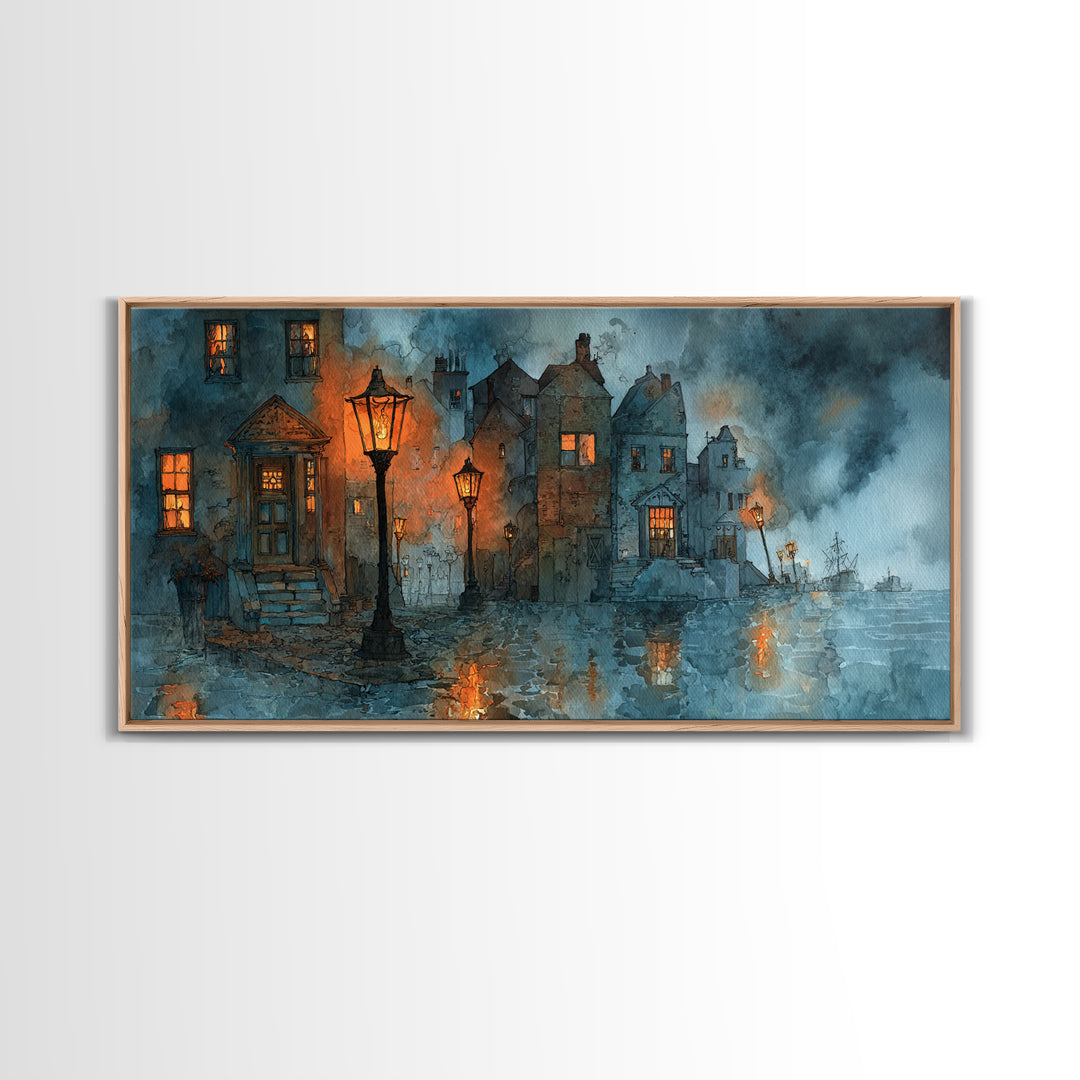 The Innsmouth Lantern Procession, Occult Wall Decor, Wide Panoramic Art, Framed Canvas Print, Halloween Home Decor, Gothic Wall Art