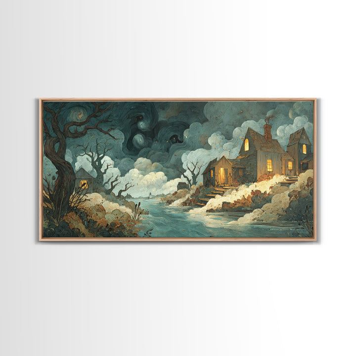 The Mapmaker Of Impossible Shores, Spooky Wall Decor, Wide Panoramic Art, Canvas Print, Halloween Home Decor, Gothic Wall Art