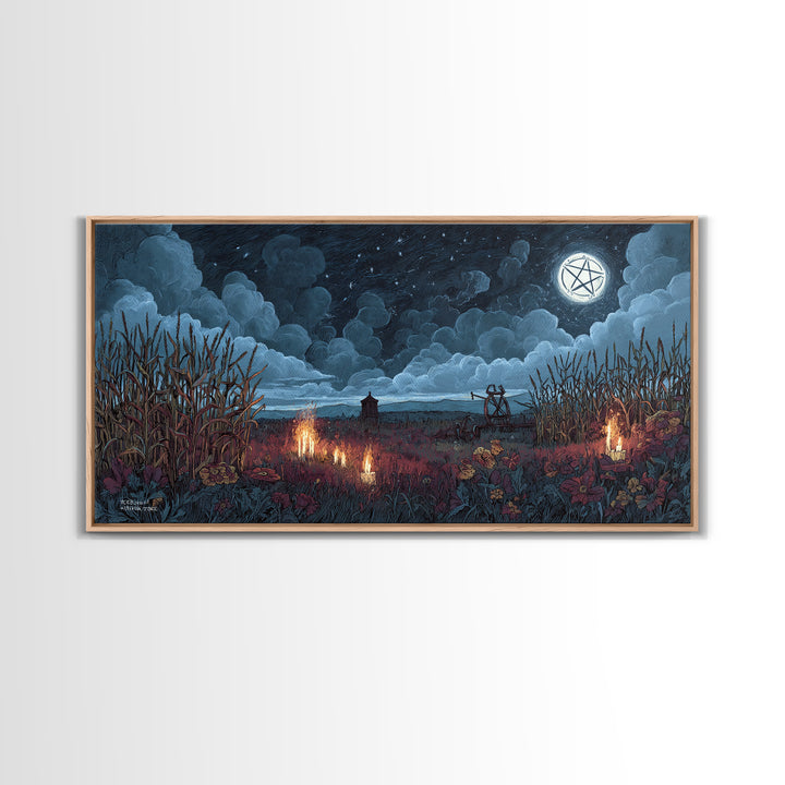 The Harvest Of The Eldritch Field, Occult Wall Decor, Wide Panoramic Art, Framed Canvas Print, Halloween Home Decor, Gothic Wall Art