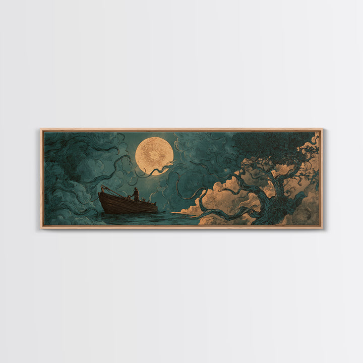 The Ferryman Of The Outer Marsh, Spooky Wall Decor, Extra Wide Wall Art, Framed Canvas Print, Halloween Home Decor, Gothic Wall Art
