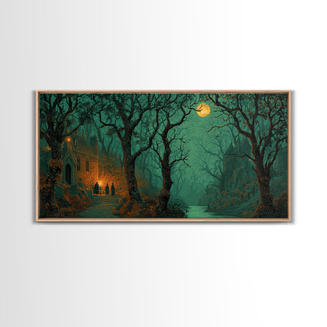 The Grave Gardener Of Yuggoth, Macabre Halloween Art, Wide Panoramic Art, Framed Canvas Print, Halloween Home Decor, Gothic Wall Art