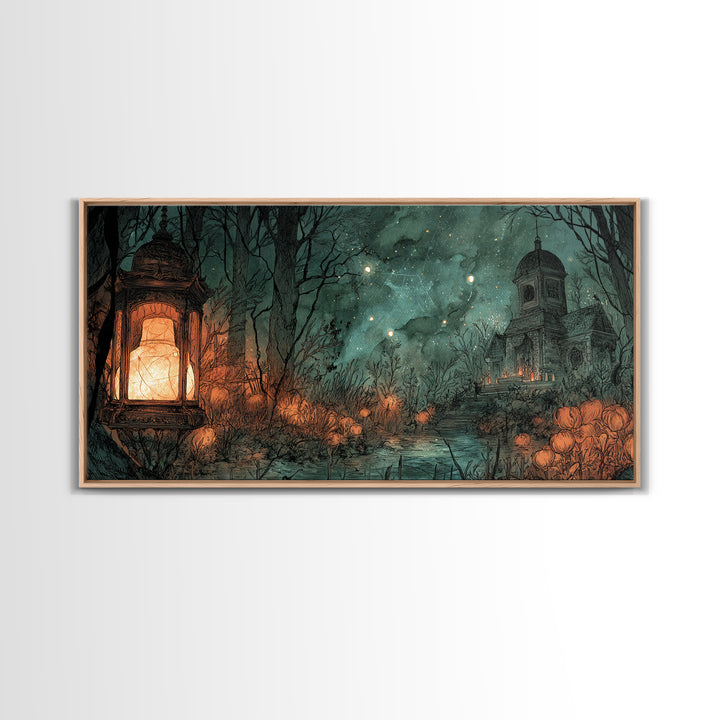 The Lantern Market Beyond The Veil, Eldritch Wall Art, Wide Panoramic Art, Canvas Print, Halloween Home Decor, Gothic Wall Art