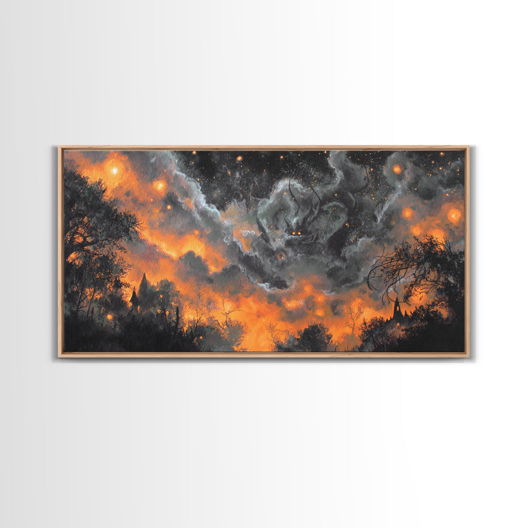 The Moth Prophet Of Kadath, Spooky Wall Decor, Wide Panoramic Art, Framed Canvas Print, Halloween Home Decor, Gothic Wall Art