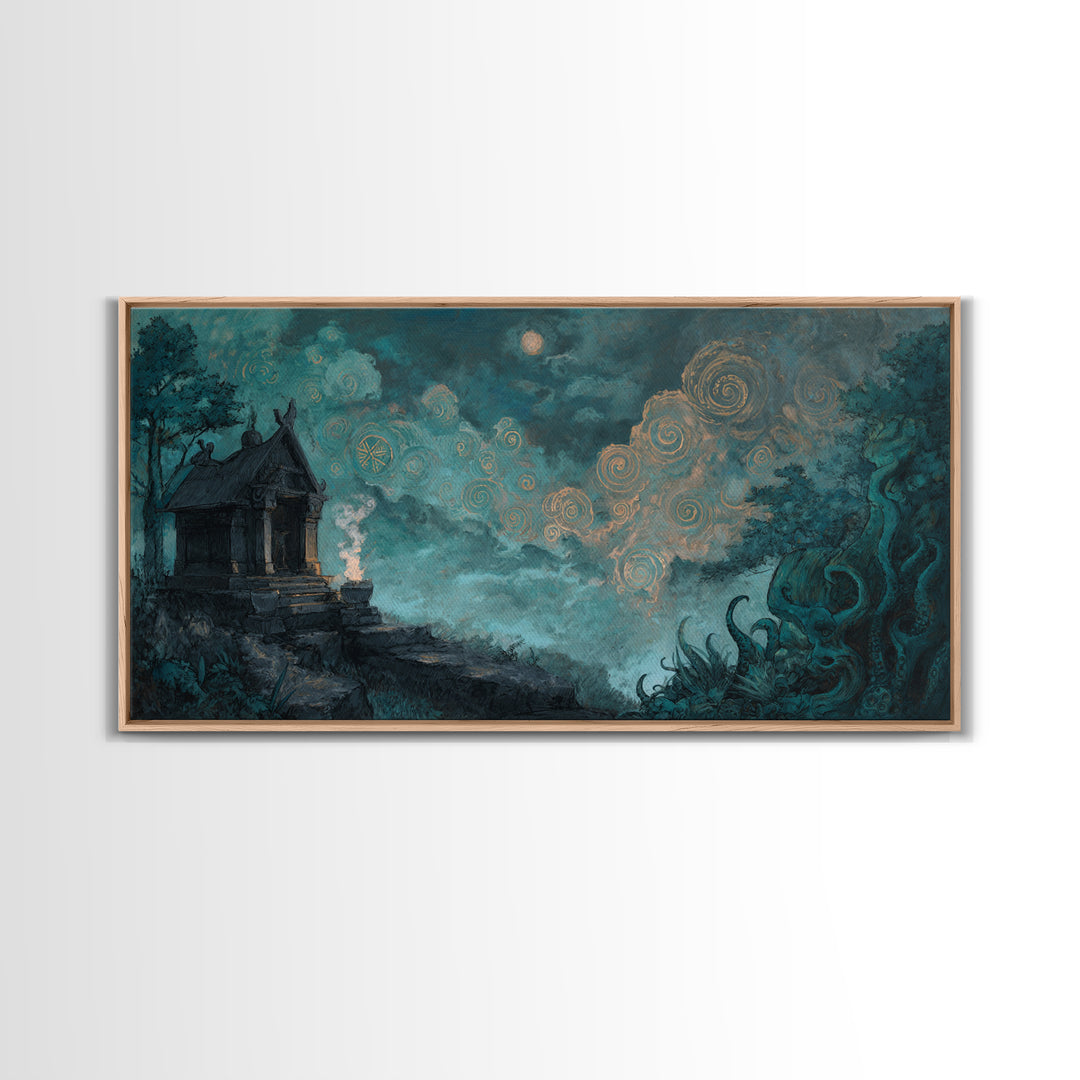 The Custodian Of The Whispering Idol, Cosmic Horror Decor, Wide Panoramic Art, Canvas Print, Halloween Home Decor, Gothic Wall Art