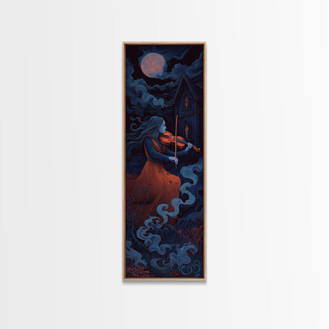 The Violinist Of The Drowned Moon, Macabre Halloween Art, Tall Narrow Wall Art, Canvas Print, Halloween Home Decor, Gothic Wall Art