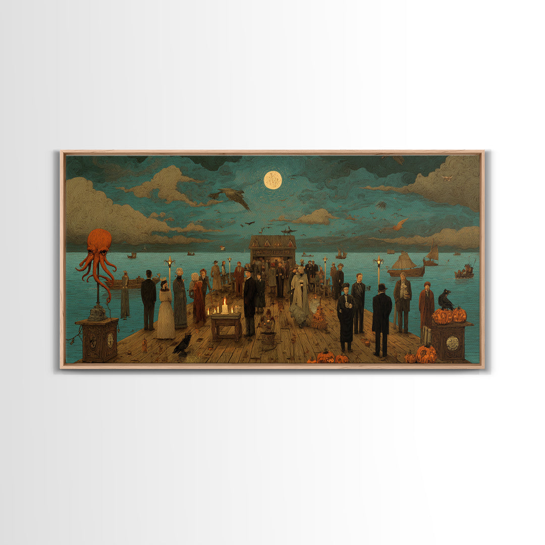 The Tea Party At Innsmouth Pier, Macabre Halloween Art, Wide Panoramic Art, Canvas Print, Halloween Home Decor, Gothic Wall Art