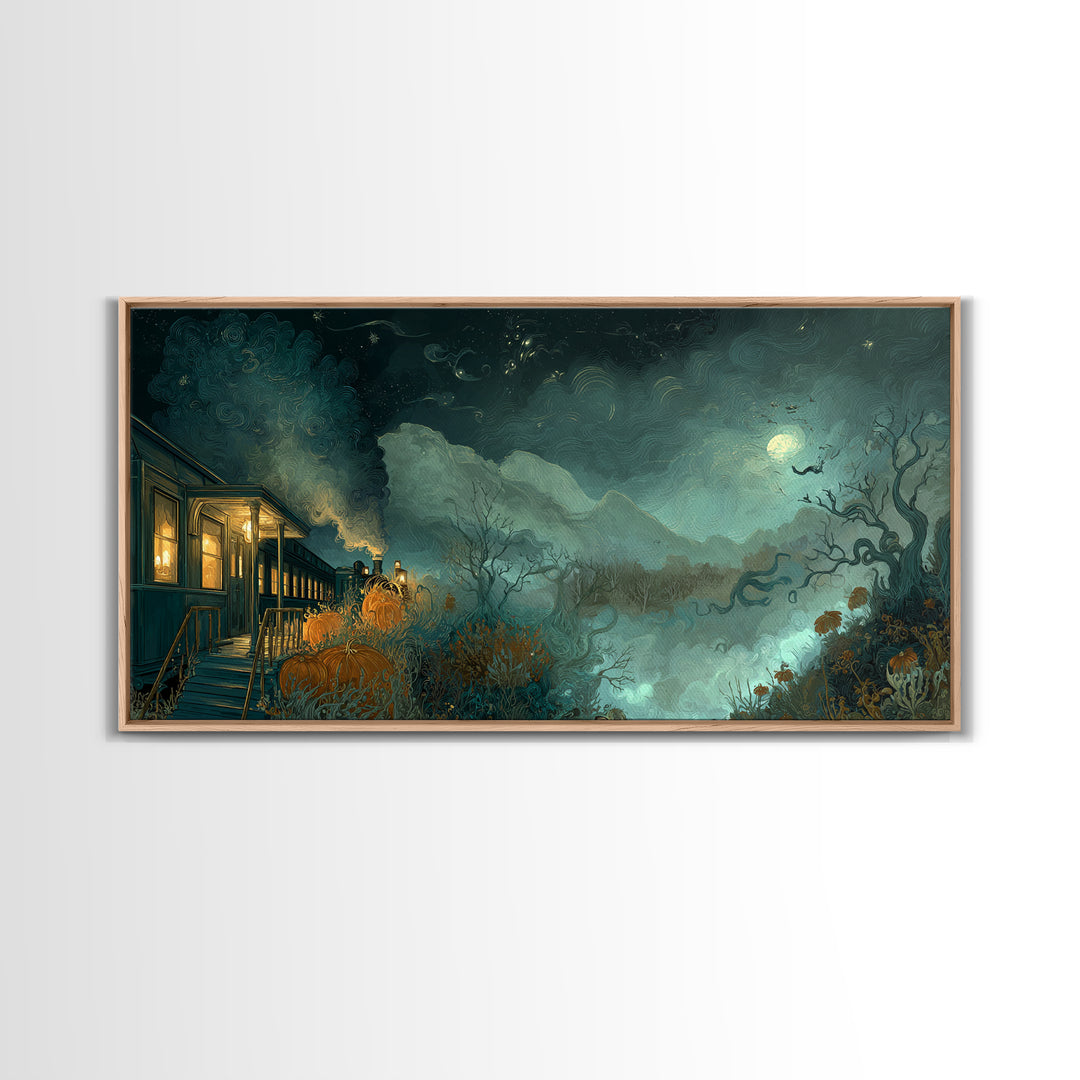 The Phantom Train To Kadath, Dark Fantasy Wall Art, Wide Panoramic Art, Canvas Print, Halloween Home Decor, Gothic Wall Art, Horror Wall Art