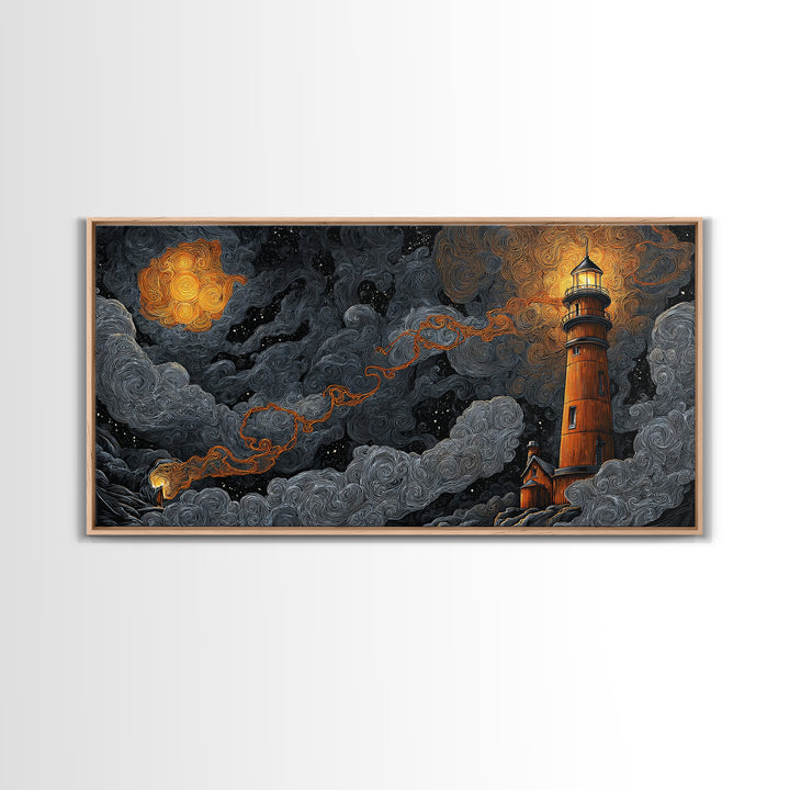 The Last Lighthouse Of Y’Ha-Nthlei, Dark Fantasy Wall Art, Wide Panoramic Art, Framed Canvas Print, Halloween Home Decor, Gothic Wall Art