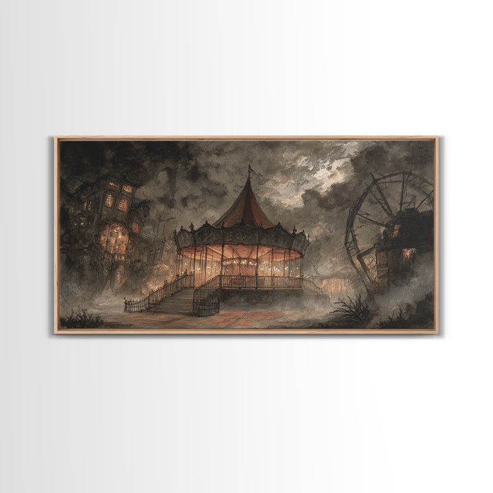 The Carousel Of Sleeping Planets, Macabre Halloween Art, Wide Panoramic Art, Framed Canvas Print, Halloween Home Decor, Gothic Wall Art