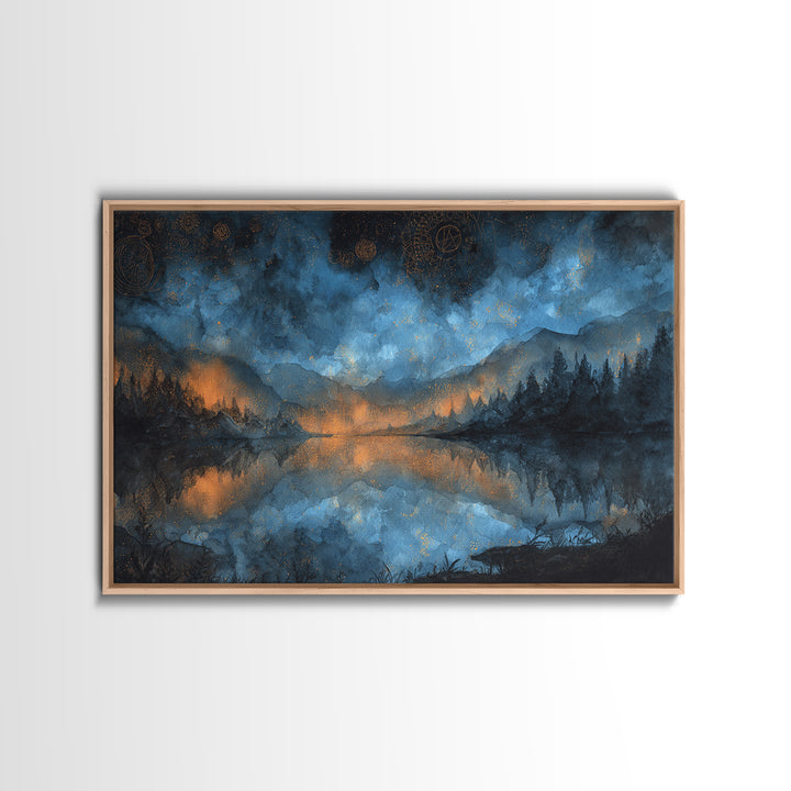 The Mirror Lake Of Lost Constellations, Cosmic Horror Decor, Landscape Wall Art, Framed Canvas Print, Halloween Home Decor, Gothic Wall Art